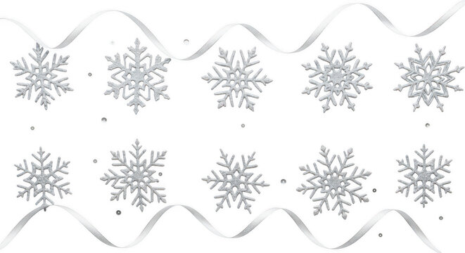 Collection of silver glitter snowflake decoration isolated on transparent background