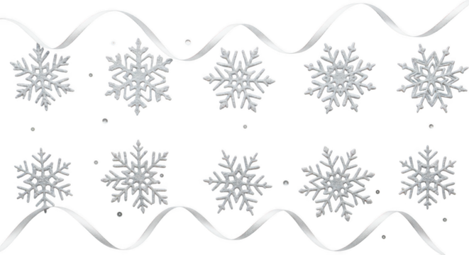 Collection of silver glitter snowflake decoration isolated on transparent background