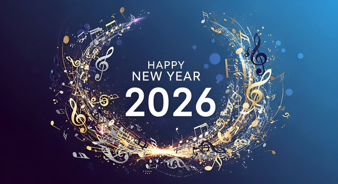 Elegant musical composition with swirling golden notes and sparkles forming a celebratory wreath for New Year 2026