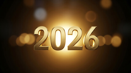 Golden 2026 year number illuminated with bokeh lights