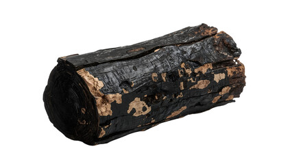 Charred firewood log isolated on the transparent background for camping, bonfire, barbecue, survival, and rustic decor concepts