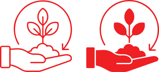 Two hands holding a small plant with leaves Icon Set. Growth Eco Tree Environment.vector illustrations vector sign. Symbol