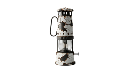 Vintage mining lantern with a distressed white and brown finish, isolated on transparent background