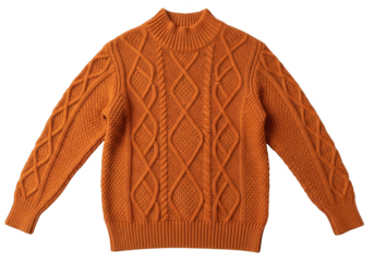 An orange cable knit sweater with a mock neck, isolated on transparent background