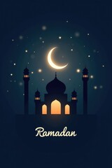 Ramadan kareem greeting with mosque and crescent moon at night