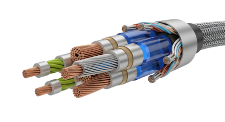 Detailed cross section view of a complex electrical cable showing copper wire conductor shielding and insulation isolated on transparent background