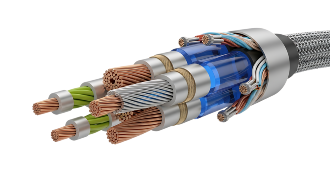 Detailed cross section view of a complex electrical cable showing copper wire conductor shielding and insulation isolated on transparent background