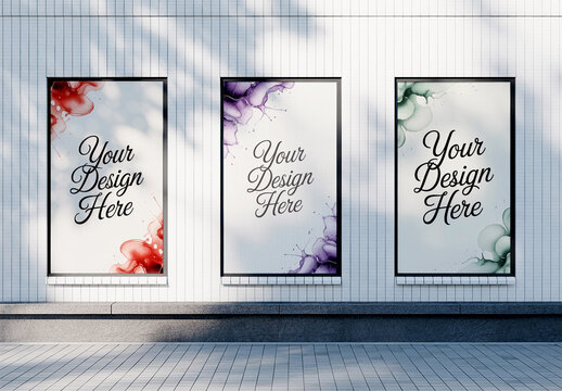 Three Vertical Poster Mockups with Ink Splash Art