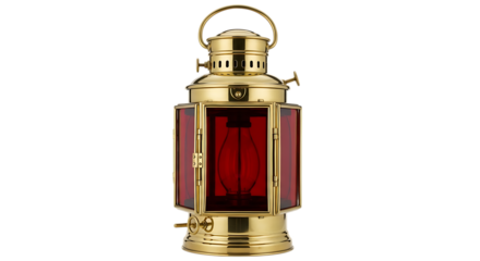 Classic brass and red glass nautical or ship lantern with handle isolated on transparent background