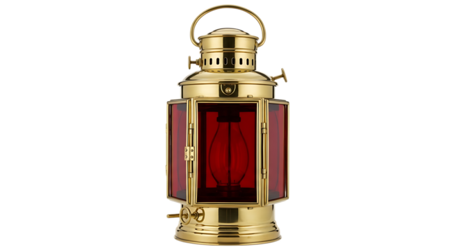 Classic brass and red glass nautical or ship lantern with handle isolated on transparent background