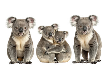Three koalas sitting together, two hugging, isolated on transparent background