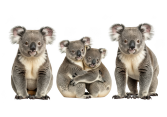 Three koalas sitting together, two hugging, isolated on transparent background