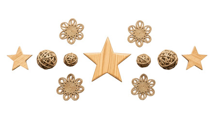 Set of natural rattan and wooden star and flower decorations isolated on transparent background