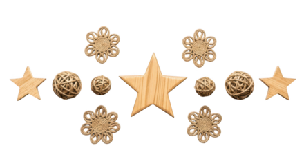 Set of natural rattan and wooden star and flower decorations isolated on transparent background
