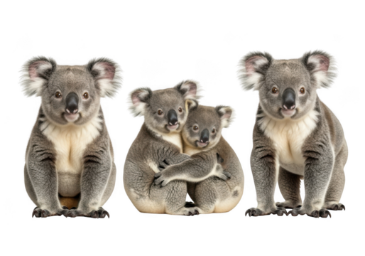 Three koalas sitting together, two hugging, isolated on transparent background