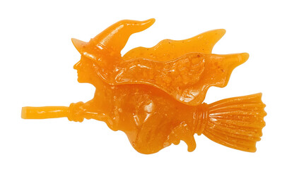 Fototapeta premium Halloween witch gummy candy on broomstick isolated on the transparent background, festive orange sweet treat for fall and holiday celebrations