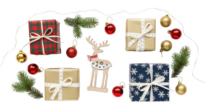 Christmas gift boxes, reindeer decoration, and ornaments isolated on transparent background