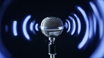 A detailed image of a silver microphone on a stand with sound waves radiating from it