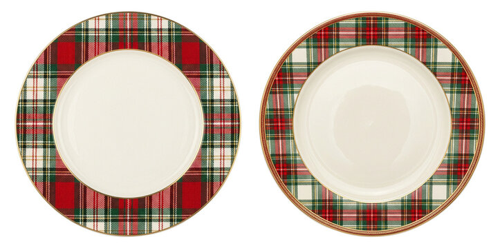 Set of festive plates with red and green tartan plaid pattern, isolated on transparent background.