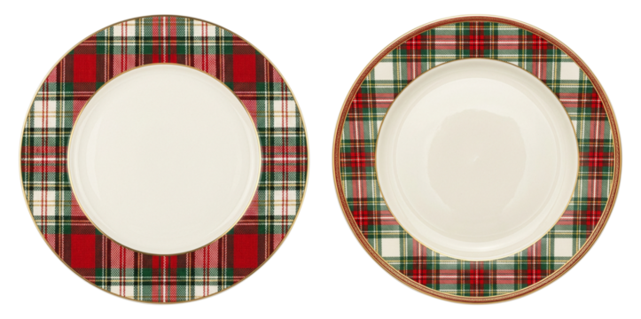 Set of festive plates with red and green tartan plaid pattern, isolated on transparent background.