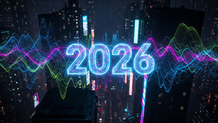 Futuristic neon year 2026 with abstract light trails
