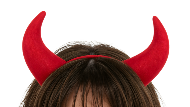 Red devil horns headband on childs head isolated on the transparent background for halloween costume party or cosplay accessory concept