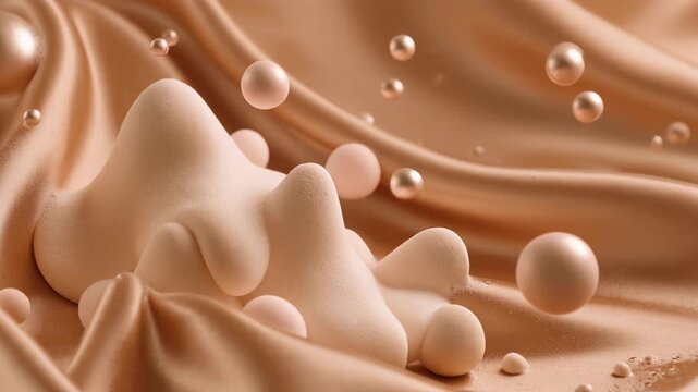 Abstract organic soft foam shapes resting on warm beige damp silk texture with floating matte bubbles for luxury wellness and digital wabi-sabi backgrounds.