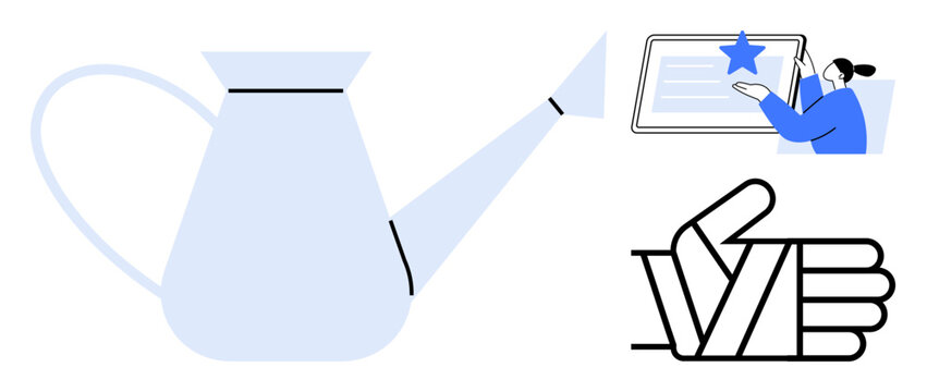 Watering can symbolizes growth, person presenting on screen denotes learning and collaboration, thumbs up conveys approval and appreciation. Ideal for education, teamwork, achievement, growth