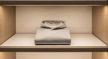 A minimalist display of a folded light grey hoodie on a contemporary wooden shelf with soft illumination