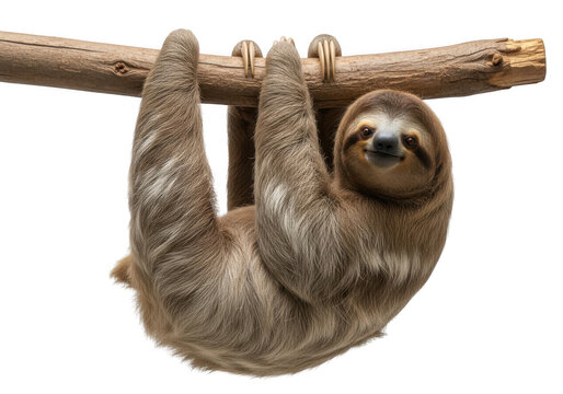 A sloth hanging upside down from a tree branch, isolated on transparent background