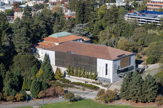 Berkeley, CA, USA - Nov 20, 2023: The C. V. Starr East Asian Library and Chang-Lin Tien Center for East Asian Studies on the UC Berkeley campus viewed from the observation deck of the Sather Tower.