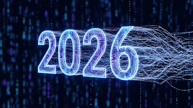 Futuristic glowing 2026 text dissolving into digital data streams - Powered by Adobe