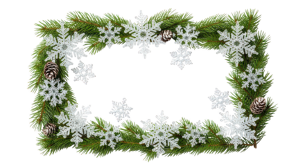 Christmas fir branch frame with glitter snowflake and pinecone isolated on transparent background