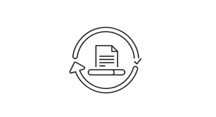 Outline icon representing document processing, file refresh, or data synchronization with a circular arrow and progress bar isolated on transparent background