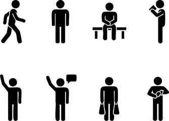 Comprehensive collection of diverse human pictogram icons illustrating various daily activities, communication, and movement, ideal for modern interface design and informational graphics