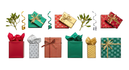 Collection of colorful holiday gift boxes and festive decoration element isolated on transparent background