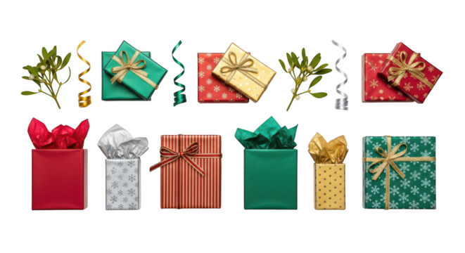 Collection of colorful holiday gift boxes and festive decoration element isolated on transparent background
