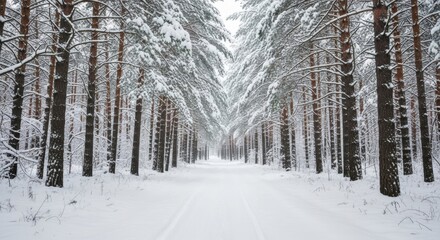 Snowy forest road winter landscape