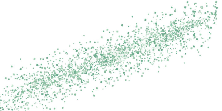 Dynamic ethereal burst of microscopic green particles, gracefully dispersed in a diagonal trajectory, evoking a sense of digital flow and abstract energy