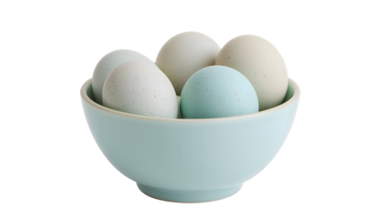 Pastel blue and cream eggs in minimalist ceramic bowl on the transparent background