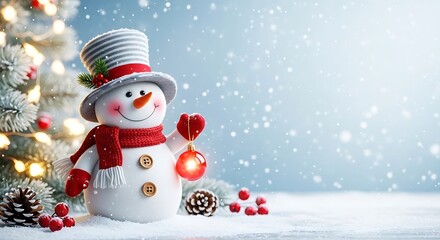 Cheerful snowman in festive attire holding a shiny red ornament amidst falling snow, a decorated christmas tree, pinecones, and red berries, evoking holiday spirit and winter wonderland joy.
