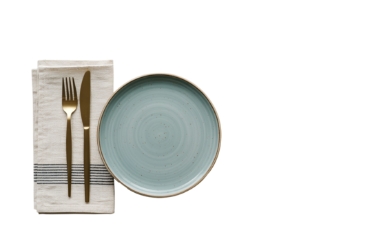 Light blue plate with gold cutlery and napkin isolated on transparent background