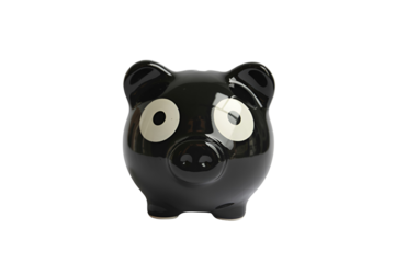 Cute black pig ceramic piggy bank isolated on transparent background