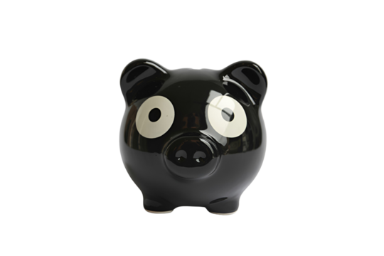 Cute black pig ceramic piggy bank isolated on transparent background