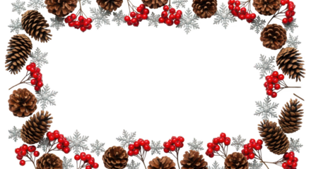 Christmas frame border with pinecone, red berry, and snowflake isolated on transparent background