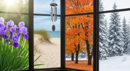 Window view with seasons and wind chime