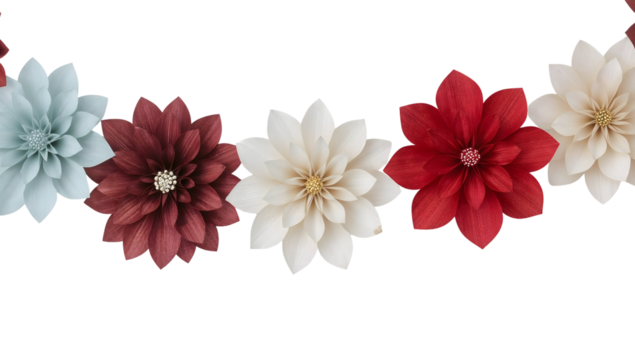 Colorful paper flowers garland arrangement on the transparent background for seasonal decor, crafts, and festive celebrations