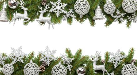 Silver christmas border decoration with fir branch isolated on white isolated on transparent background