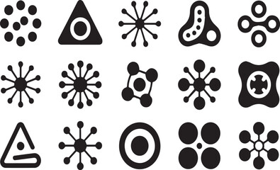 Collection of black abstract geometric shapes and molecular icons symbol