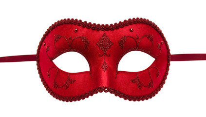 Elegant red venetian masquerade mask isolated on the transparent background with ornate detailing and ribbon ties